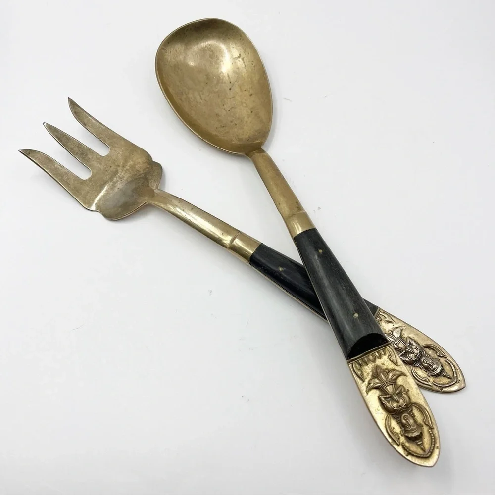 Brass Bronze Wood Handle Salad Serving Spoon & Fork Flatware Thailand Siam